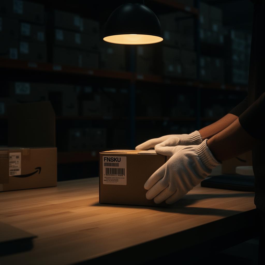 A pair of gloved hands placing an FNSKU-labeled box on a wooden workbench in a warm-lit prep warehouse